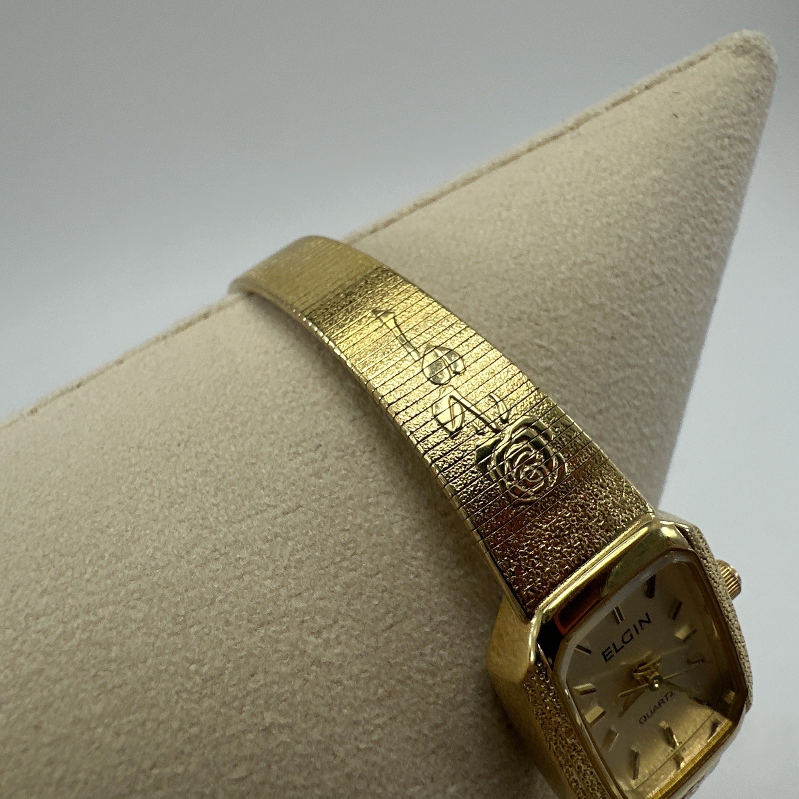 Vintage Elgin EK416-007 Gold Womens Rose Watch Bracelet Rare 