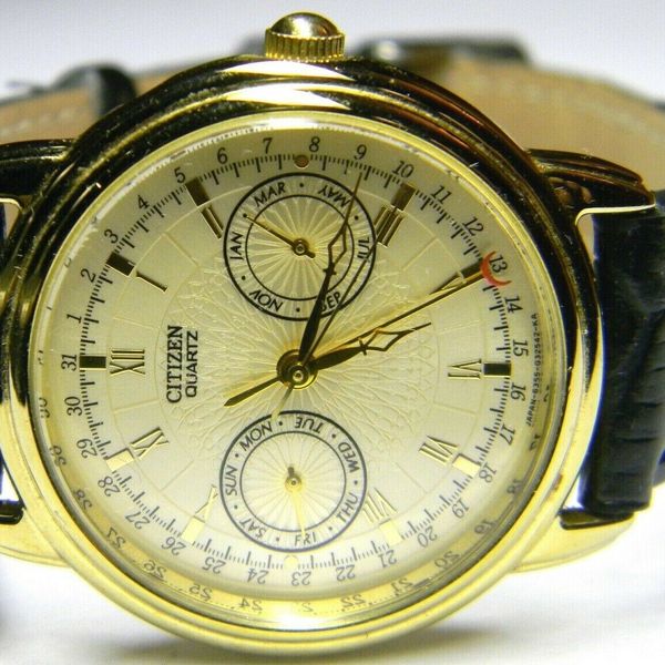 mens Citizen Triple Calendar Day Date Month Pointer Gold Plated dress