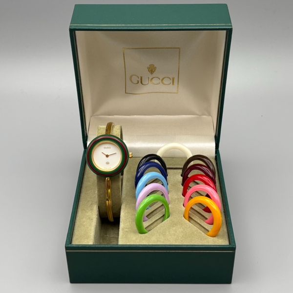 [W/Full Set] Gucci Change Bezel 12 Colors Gold Watch 6.5 inch Auth Near ...