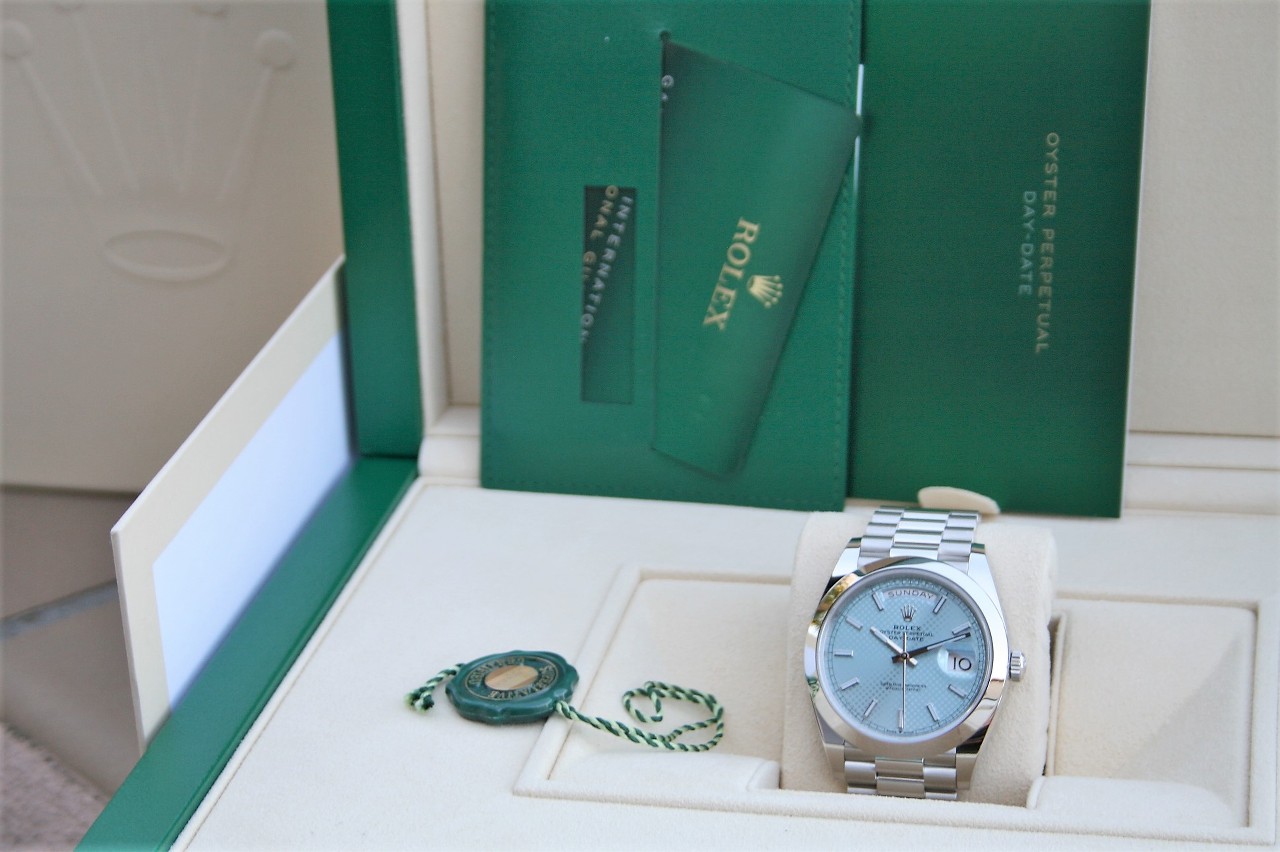 Rolex Day-Date 40 Platinum 228206 40 Ice Blue Motif Dial Box & Papers 2018  - OMEGA BULLION LLC