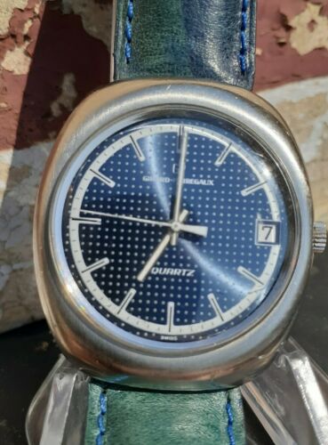 Vintage Girard Perregaux Steel Watch Blue Dial Quartz Date Cal 350