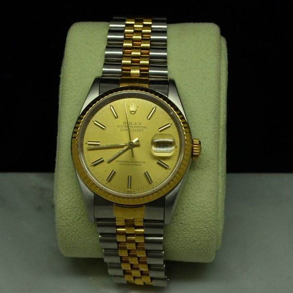 ROLEX 16233 MENS DATEJUST WATCH 18K YELLOW GOLD/SS CHAMPAGNE DIAL ...