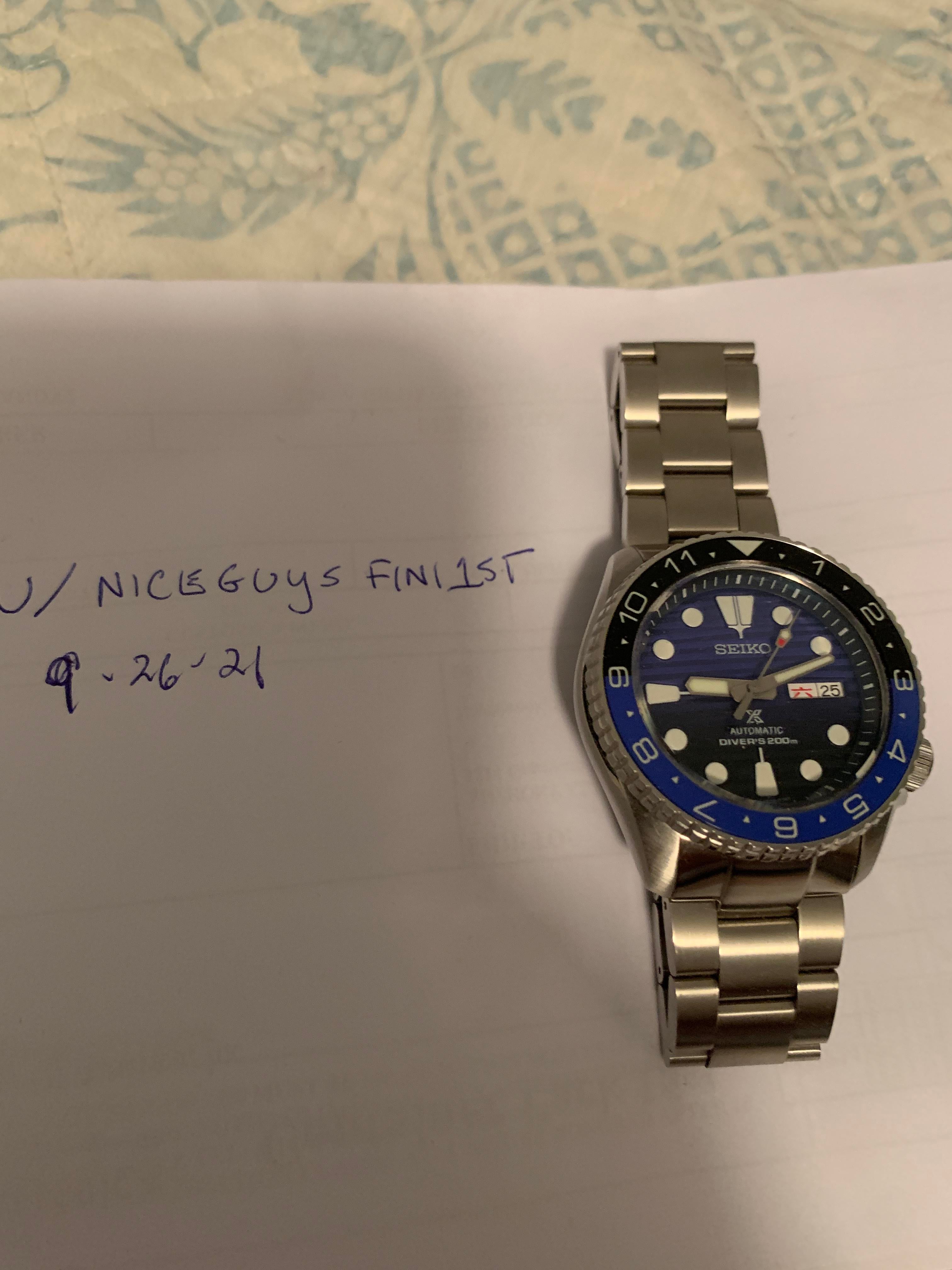 WTS] Custom Seiko Mod. Textured Blue dial, Kanji Day/date wheel. Ceramic,  lumed 12 hour Batman bezel, lumed indices. Screw down crown. Beautiful  Polished case, brushed bracelet with polished end links. $ shipped