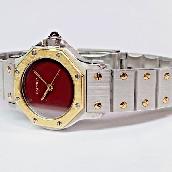 Running CARTIER SANTOS Red Dial Octagon 18k/ SS Automatic 25mm ...
