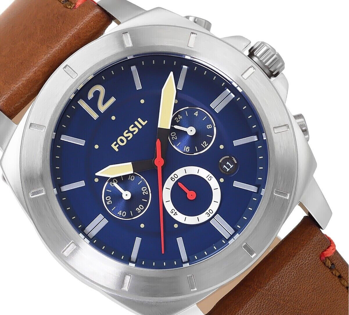 FOSSIL PRIVATEER MENS CHRONOGRAPH WATCH, BLUE DIAL, BROWN LEATHER