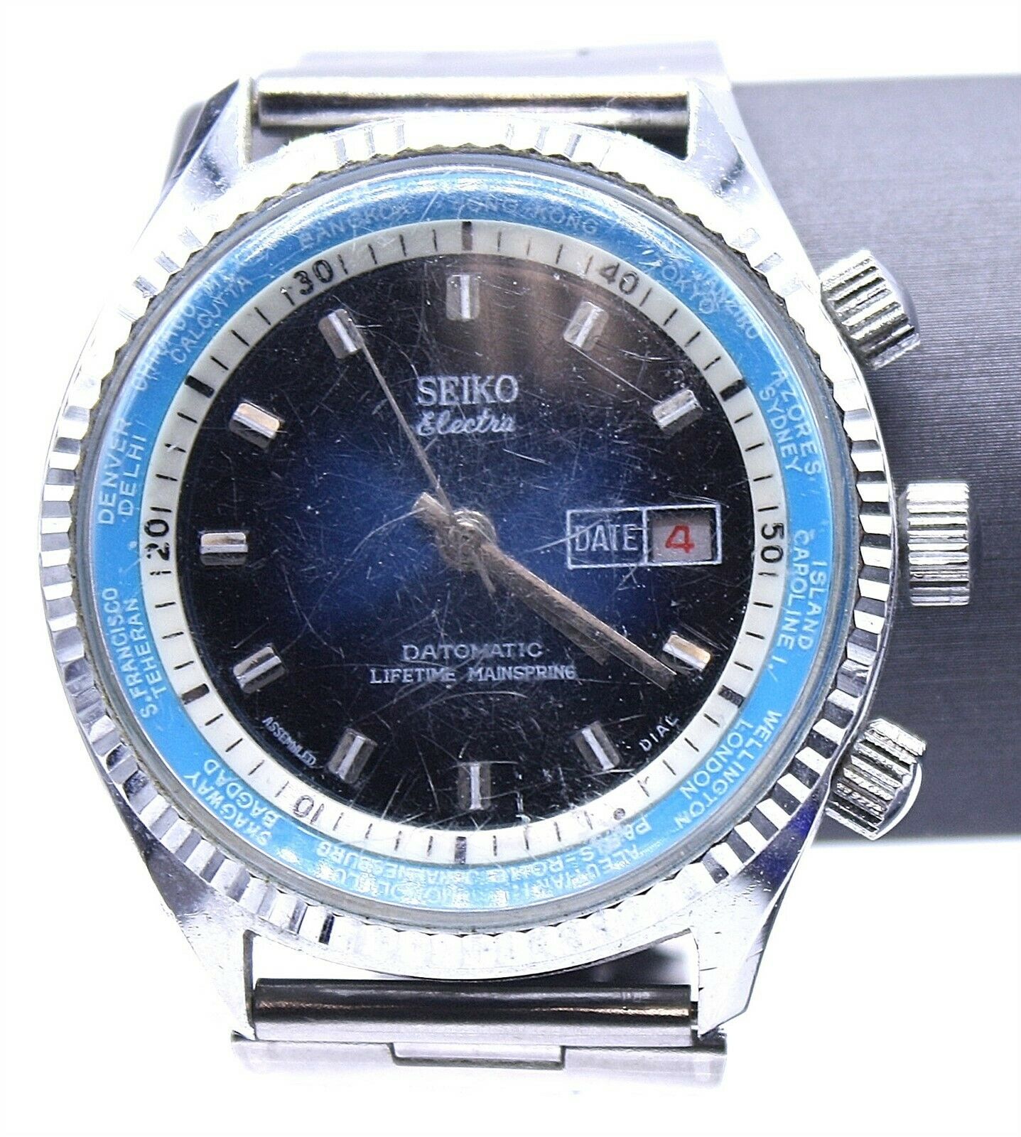 Seiko Electra Datomatic Lifetime Mainspring World Time Blue Watch