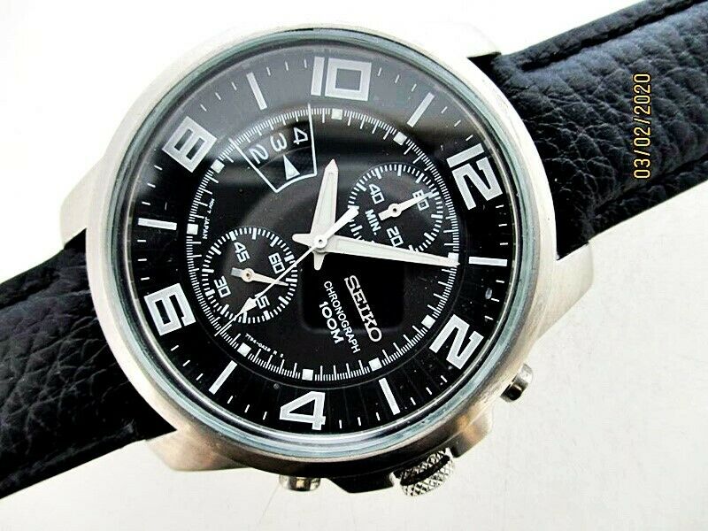 CLASSIC SEIKO 7T94 0AV0 BLACK CHRONOGRAPH MENS SS QUARTZ DATE