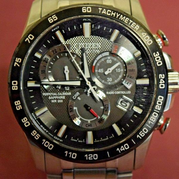 Mens Citizen EcoDrive Perpetual Chrono AT Stainless Steel Watch E650