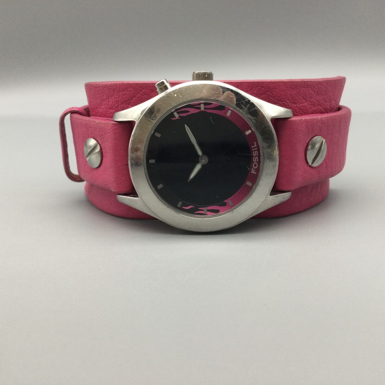 Fossil Big Tic Watch Women Silver Tone Flame Pink Broken For
