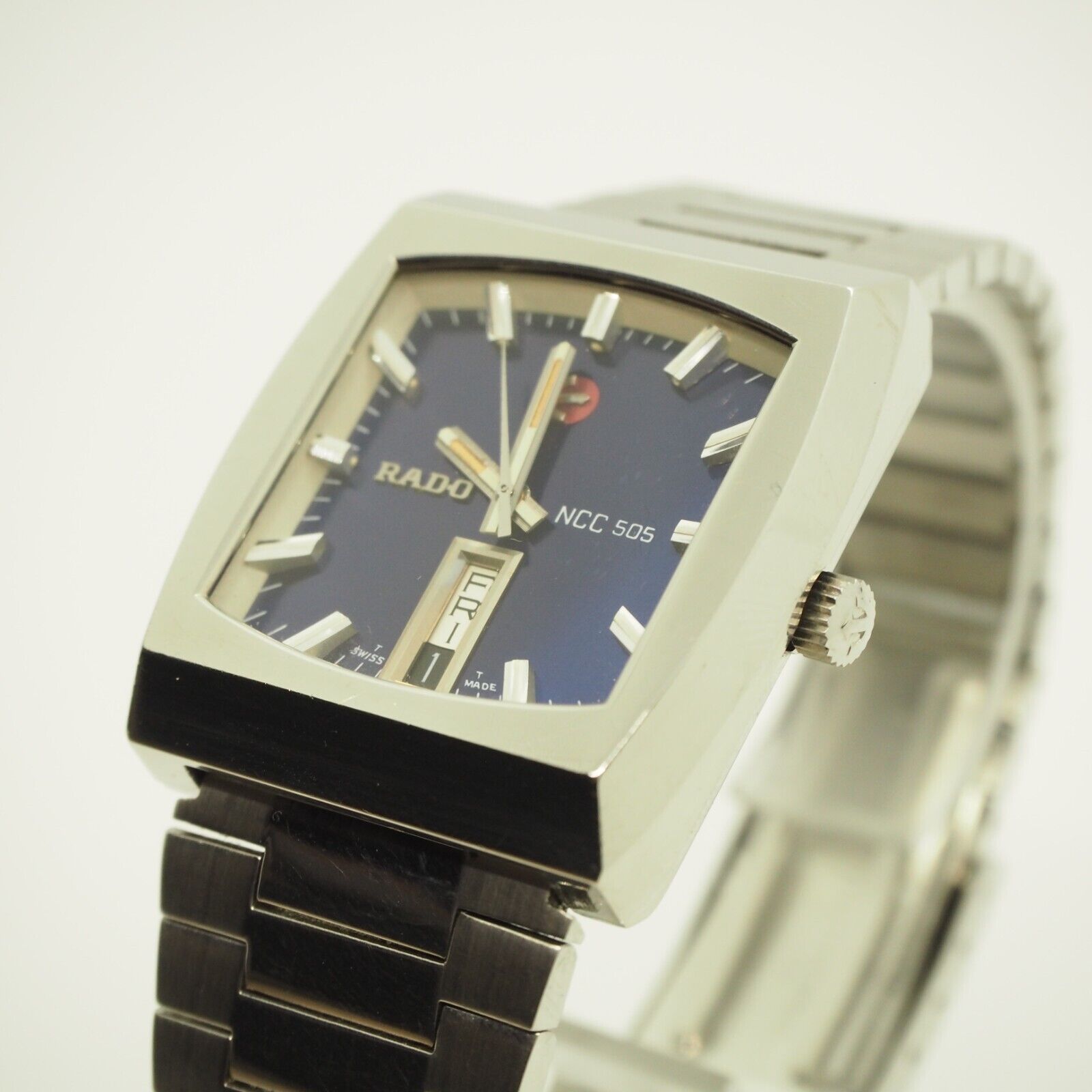 Rado Ncc505 Watch Men 35mm Blue Silver Square Vintage Swiss Day