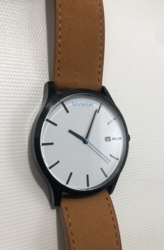 MVMT Classic Mens Watch 45mm Black Case White Face Blue Detail Tan