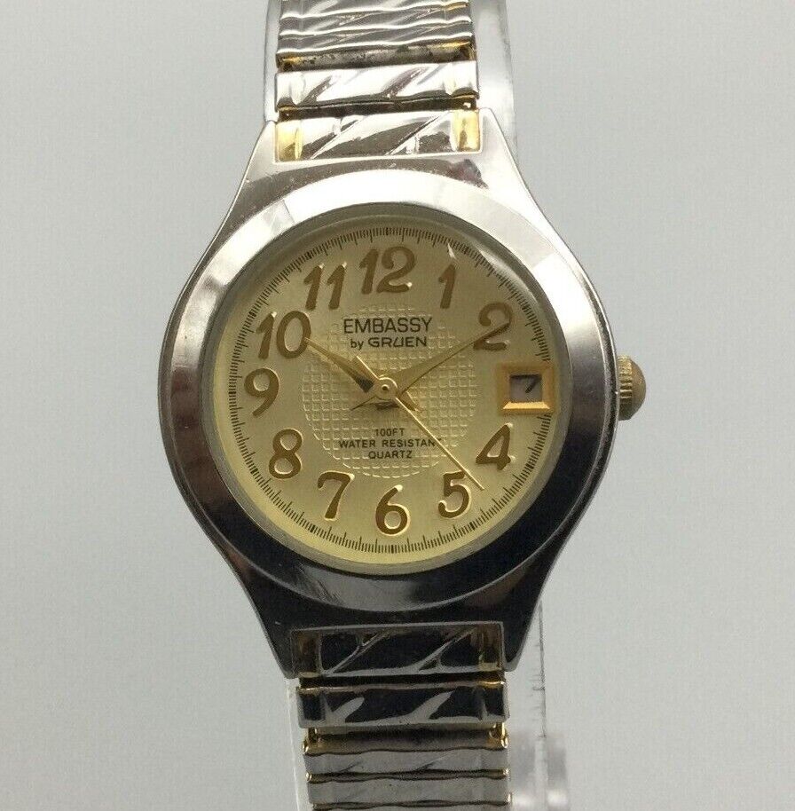 Embassy by Gruen Watch Women Silver Gold Tone Date Stretch New