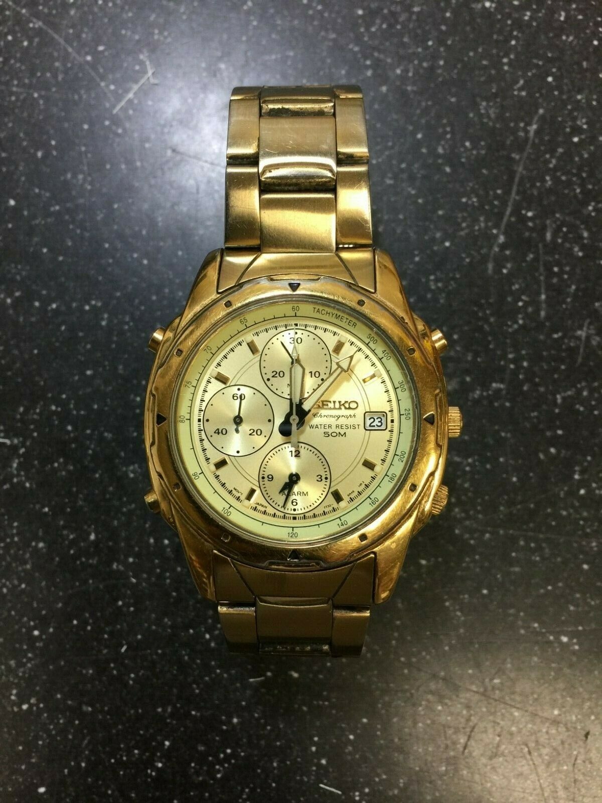 Seiko Men s Watch Quartz Alarm Gold Tone Chronograph 7T32 6M59 NOT