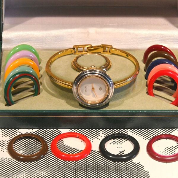 Auth Gucci 1100L gold watch Interchangeable bezel 13 colors + extra ...