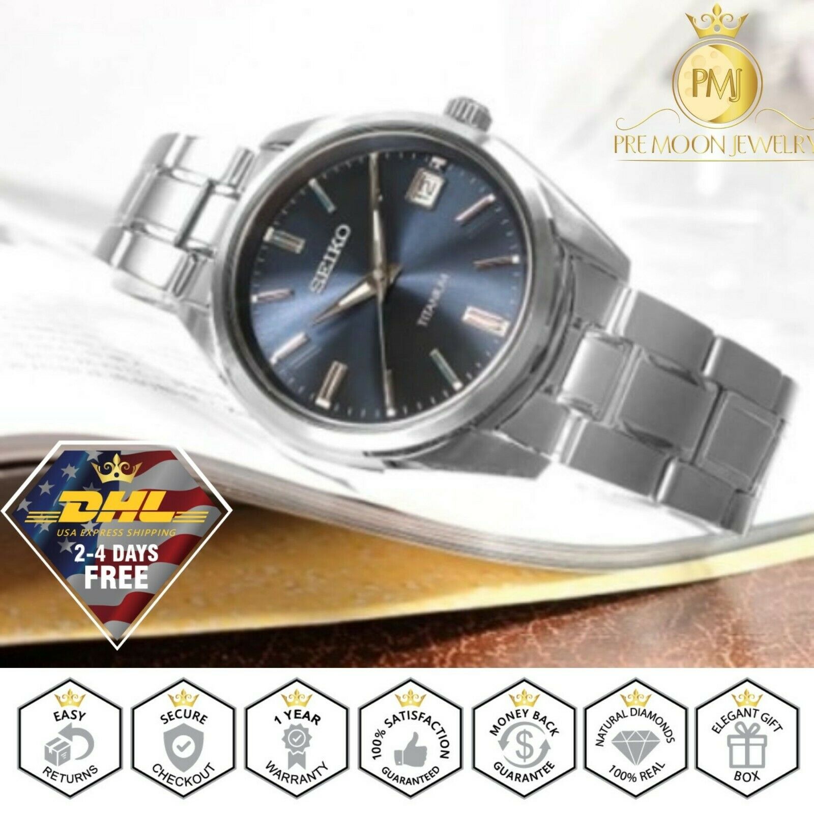 SEIKO Men's Watch SUR371 Titanium Grey Quartz Analog Blue Dial with Date  New | WatchCharts