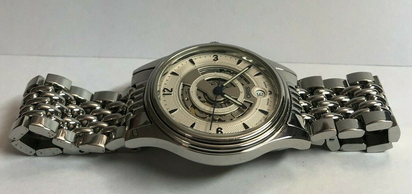 RARE VINTAGE ORIS MENS 35MM WATCH SKELETON DIAL W DATE EXHIBITION