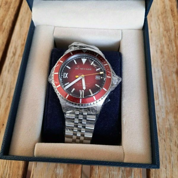 James McCabe Legacy Diver Merlot Red Bezel Red Dial 41 mm Automatic SS Bracelet WatchCharts