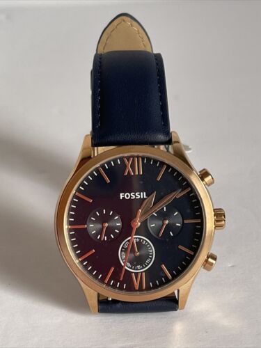 NIB!!FOSSIL Fenmore Midsize Multifunction Navy Leather Watch Blue