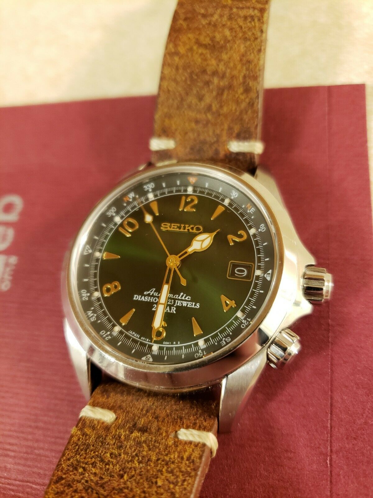 Seiko Alpinist Green Sarb017 With Colareb Brown Rust Leather Strap Watchcharts