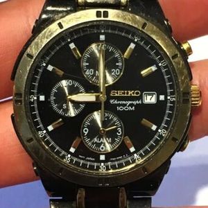 Mens Seiko Chronograph 100m Black And Gold Two Tone Needs Battery No  Reserve | WatchCharts