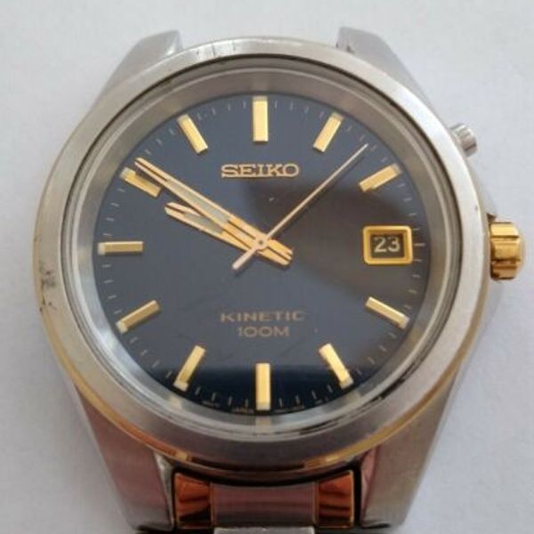 SEIKO KINETIC 5M62A MENS WATCH GOLD/SILVER BLUE DIAL TO RESTORE 37.5mm ...