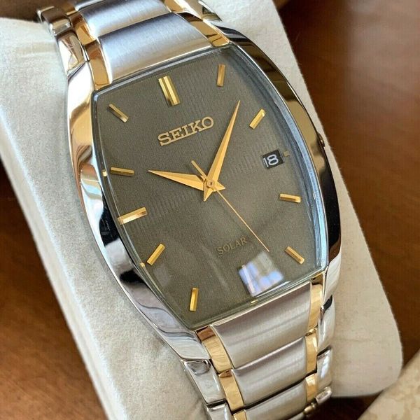 Seiko Men's Solar Two Tone Watch Rectangular Grey Dial SNE334 Eco Date