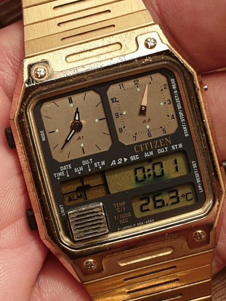 Vintage Citizen 1970s Ana-Digi Temperature Robot Gold 8980
