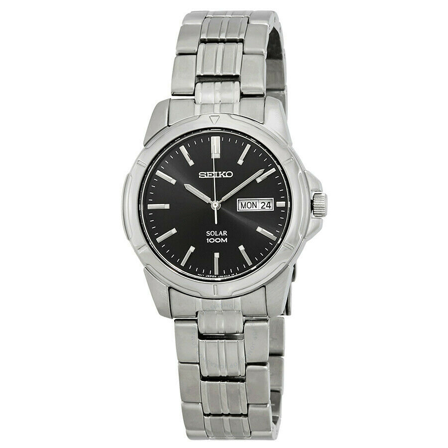 Seiko Solar Silver Tone Stainless Steel Black Dial Men's Watch