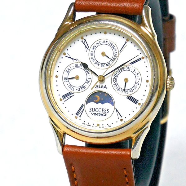 SEIKO ALBA SUCCESS VINTAGE Watch V33F-6A10 1989 Sun & Moon Triple ...