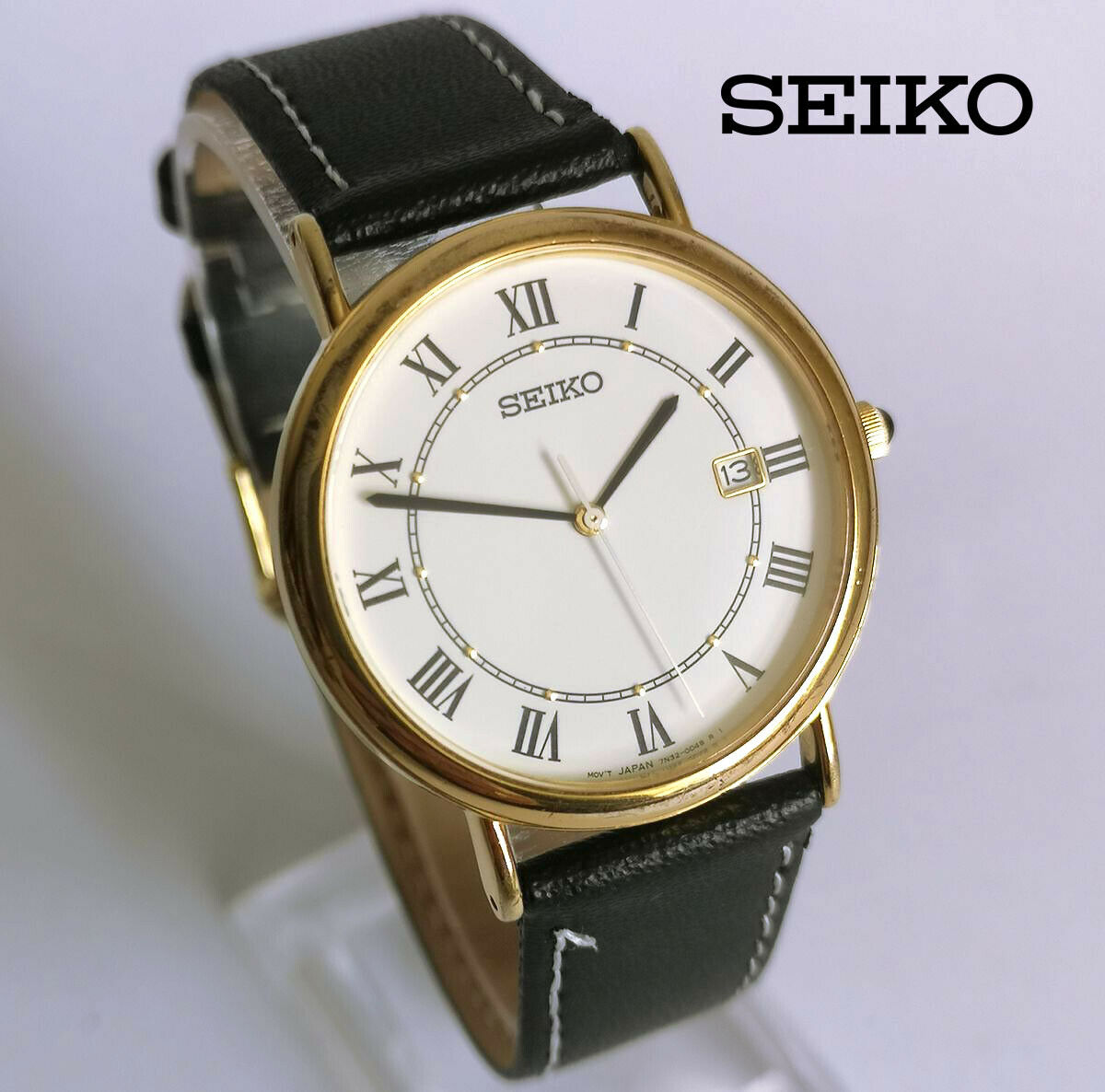 Seiko 7N32-0C10 men's boys quartz watch date indicator gold tone