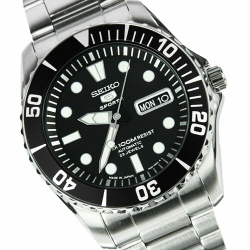 seiko 5 black dial stainless steel automatic mens watch snzf17