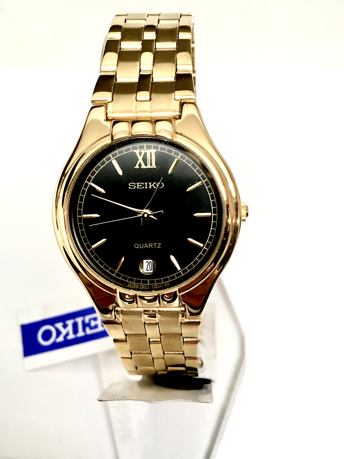 NEW SEIKO QUARTZ SNE486 MID SIZE GOLD TONE BLACK DIAL
