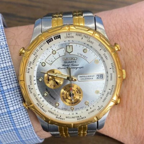 Vintage Seiko 6M15-9028 Chronograph World Timer Watch Rare Everything Works  | WatchCharts