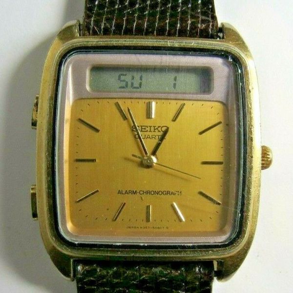 VINTAGE MENS QUARTZ SEIKO H3575029 ALARM CHRONOGRAPH WRISTWATCH GOLD DIAL RUN WatchCharts