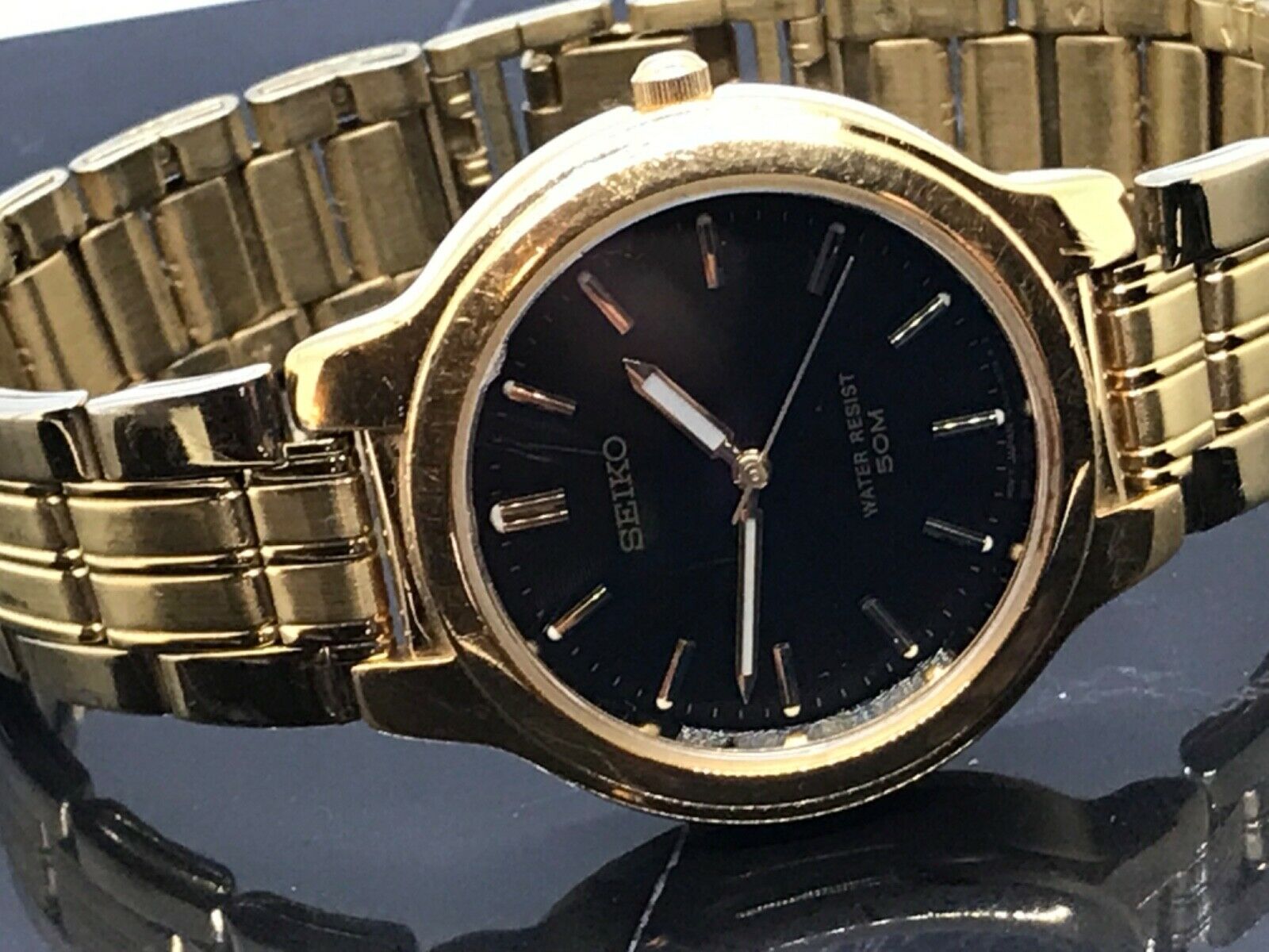 Seiko V701-2H10 Black Sunburst Dial gold tone band WR 50M Parts