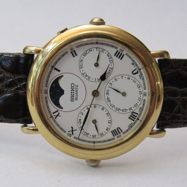 RARE SEIKO 7F38-6140 GMT DAY DATE CALENDAR MOONPHASE MENS CLASSIC