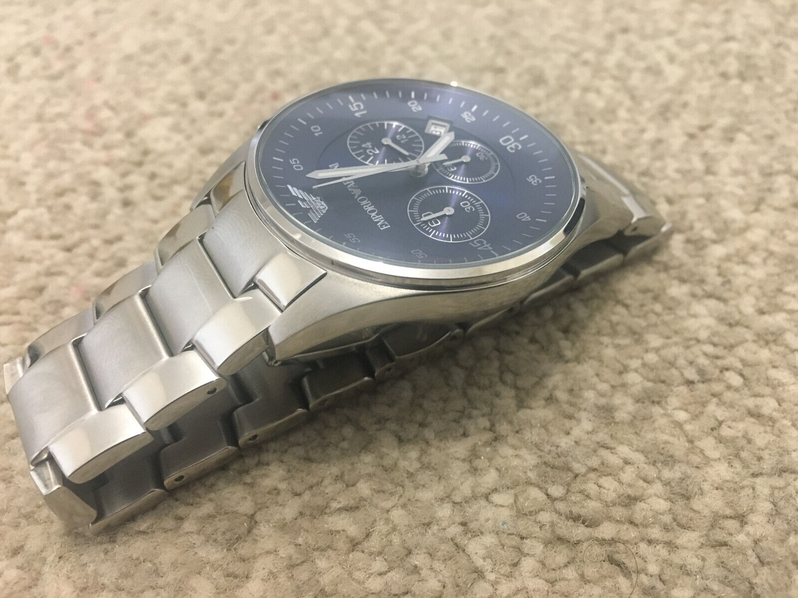 emporio armani ar5860 blue dial silver s steel chronograph mens