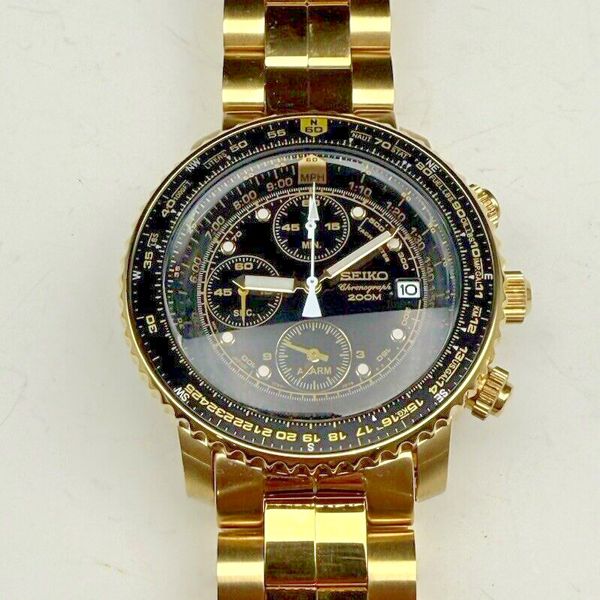 SEIKO Flightmaster 7T62-0EB0 Gold Black Chronograph Quartz Mens Watch