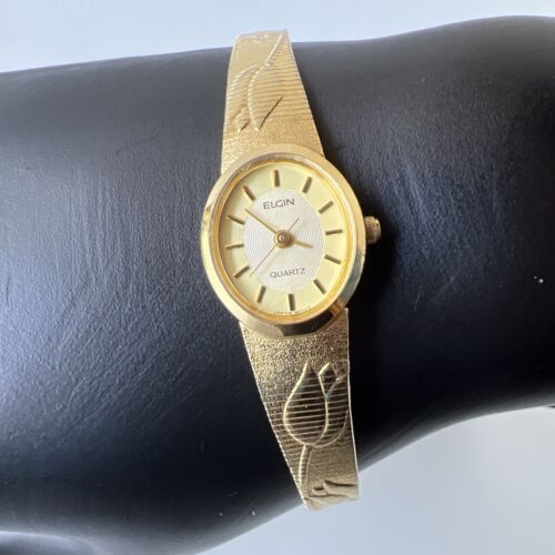 Vintage Elgin Watch Women Gold Tone Oval Rose Embossed Band New Battery 7 WatchCharts Marketplace