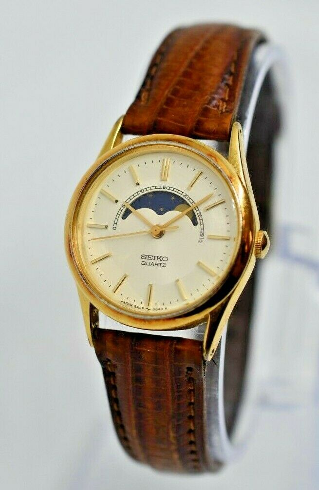 Ladies 1977 Seiko 2A24 0048 Moon Phase Gold Tone Dress Watch