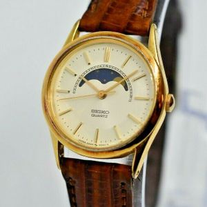Ladies 1977 Seiko 2A24-0048 Moon Phase Gold Tone Dress Watch, Brown Leather  | WatchCharts