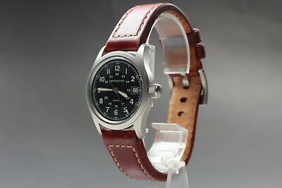 N MINT HAMILTON Khaki H683410 Black Dial Brown Leather Date