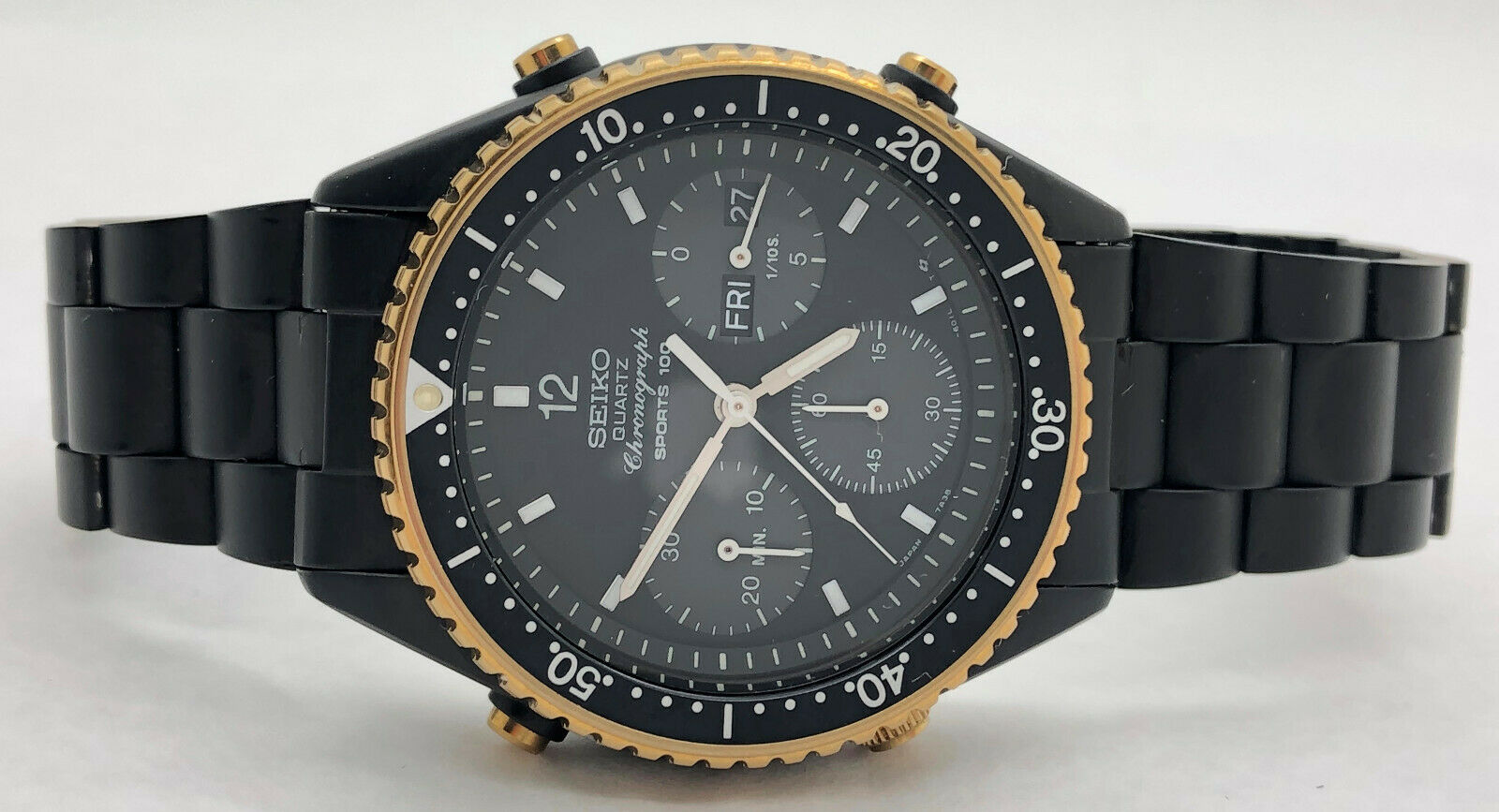 Seiko 7A38 6010 Quartz Chronograph Sports 100 Black Gold w