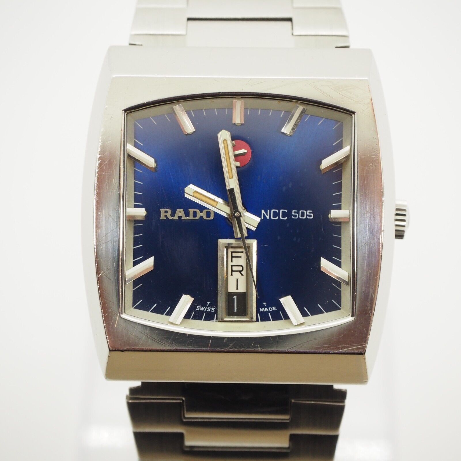 Rado Ncc505 Watch Men 35mm Blue Silver Square Vintage Swiss Day