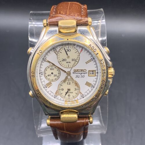 1995 Seiko Chronograph SQ 50 Two Tone 7T32-7D40 White Dial