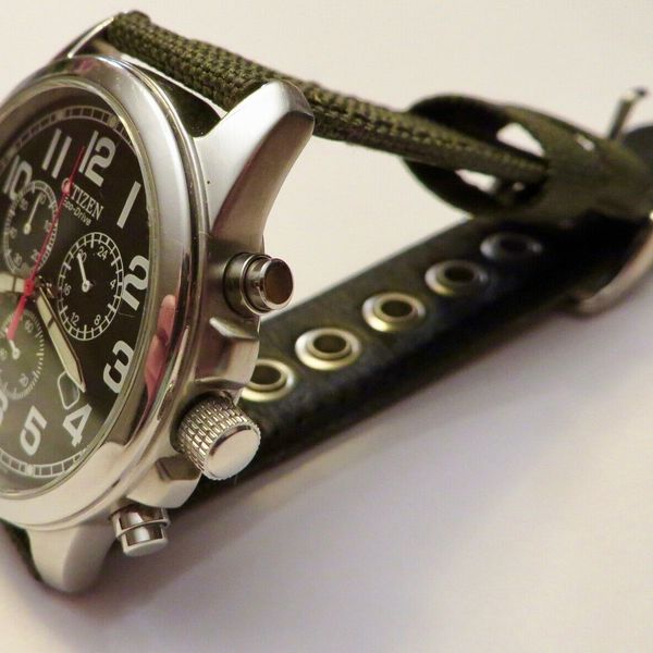 Citizen Men's EcoDrive Chronograph Green Canvas Strap Watch AT020005E WatchCharts