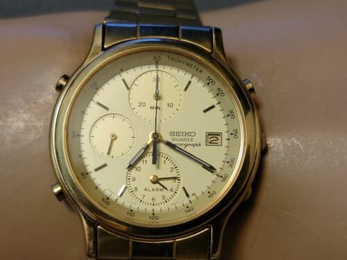 Vintage Seiko 7T32 6A5A Chronograph Alarm Gold Plated Quartz Watch