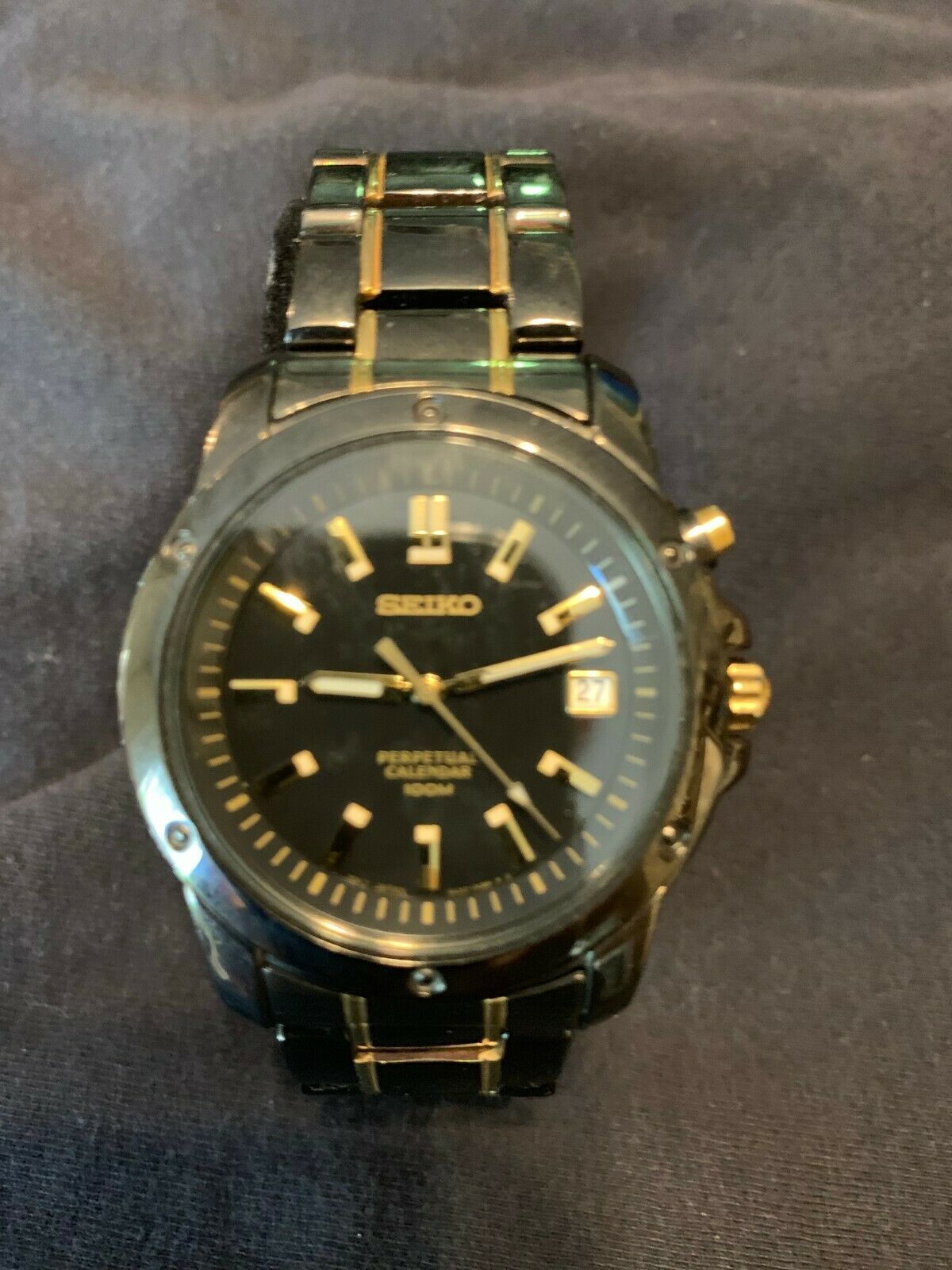 SEIKO PERPETUAL CALENDAR MEN S BLACK ION AND GOLD SS WRIST WATCH