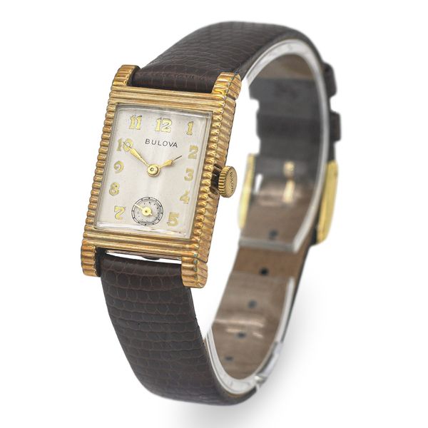 Vintage Bulova Rectangular Gold-Tone Wristwatch with Brown Leather ...