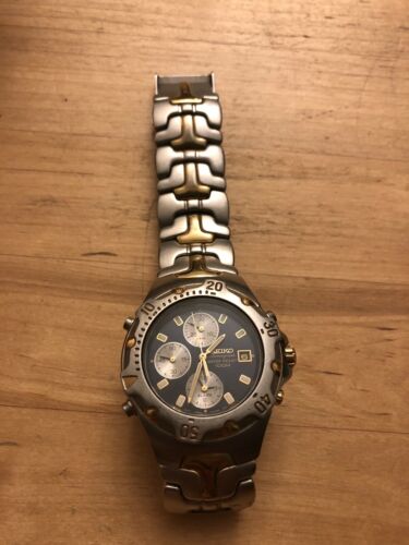 Seiko Chronograph Water Resist 100M Blue Gold Face Stainless Steel